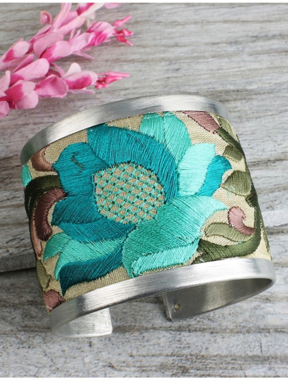 Teal Embroidered Floral Cuff Bracelet